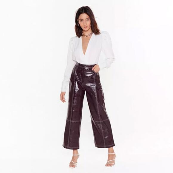 Nasty Gal Have the Vinyl Say Stitch Wide-Leg Pants - Size 6 - Picture 1 of 9